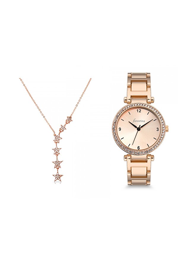 Bayan Rose Metal Kol Saati - Yıldız Kolye Kombin Set PS2455