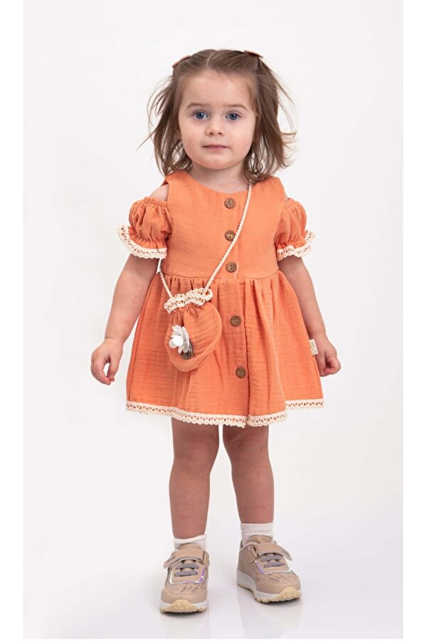Miniko Kids KIZ BEBEK DÜŞÜK OMUZLU ÇANTALI PAMUK ELBİSE