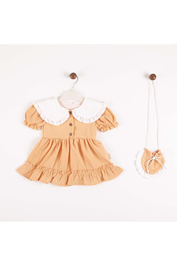 Miniko Kids KIZ BEBEK YAKA DANTELLİ KISA KOL ÇANTALI PAMUK ELBİSE