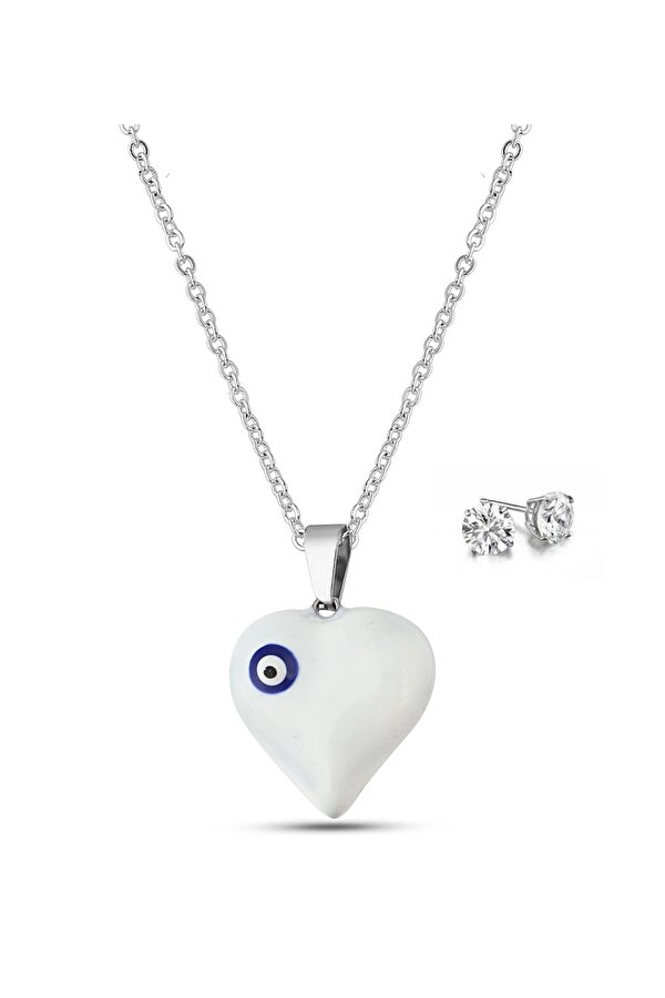 Forentina Gümüş Kaplama Kalpli Kolye Tektaş Küpe Kombin Set PS3161