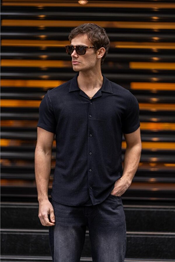 DECAS GRİLL Apaç Yaka Düğmeli Slim Fit Gömlek - Siyah