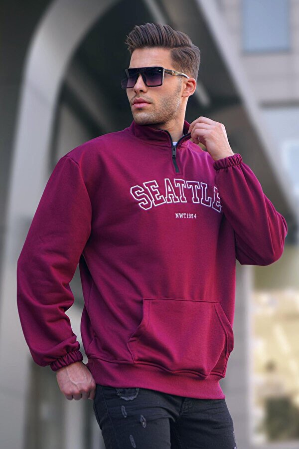 Madmext Bordo Fermuar Yakalı Nakışlı Sweatshirt 6026