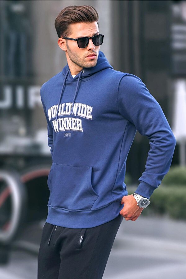 Madmext Lacivert Baskılı Kapüşonlu Sweatshirt 6149