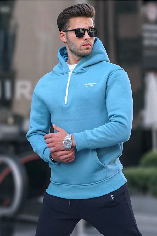 Madmext Mavi Fermuarlı Kapüşonlu Sweatshirt 6143