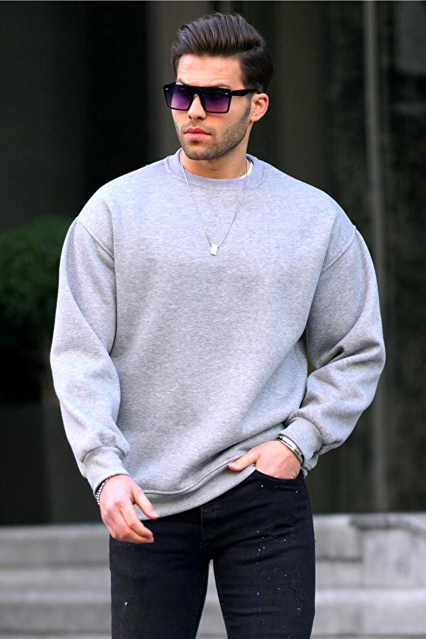 Madmext Gri Bisiklet Yaka Oversize Şardonlu Basic Erkek Sweatshirt 6048