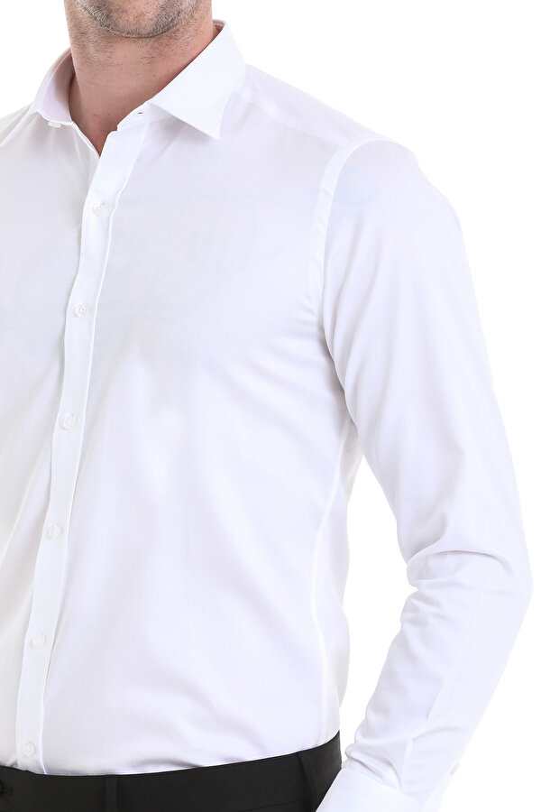 Hatemoğlu Beyaz Slim Fit Düz 100% Pamuklu Slim Yaka Uzun Kollu Casual Saten Gömlek