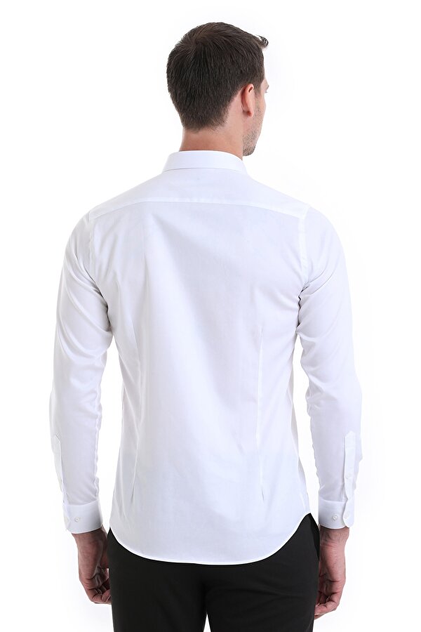 Hatemoğlu Beyaz Slim Fit Düz 100% Pamuklu Slim Yaka Uzun Kollu Casual Saten Gömlek