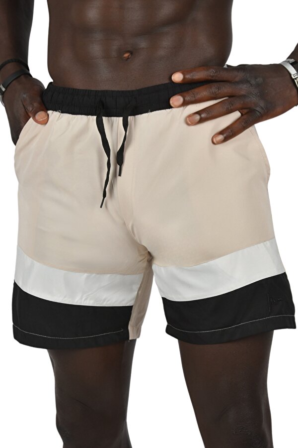 Deep Sea DeepSEA Erkek Bej Beli Lastikli Parçalı Hızlı Kuruyan Micro Kumaş İçi Fileli Deniz Şortu 2403003