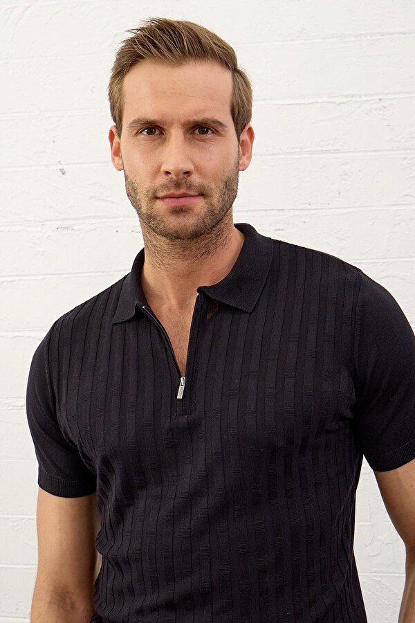 Danger Erkek Fermuarlı Slim-Fit Polo Yaka İnce Triko T-shirt Koyu Lacivert