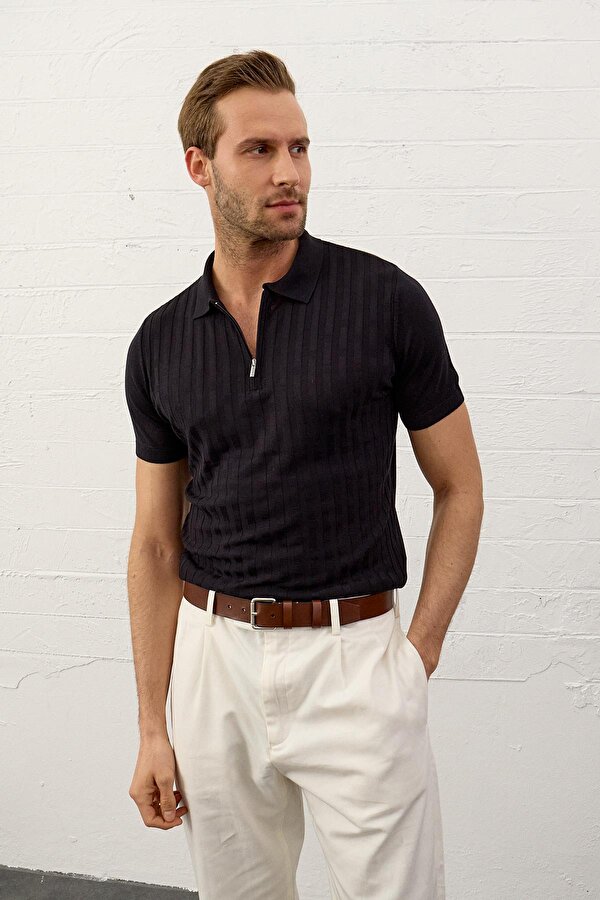 Danger Erkek Fermuarlı Slim-Fit Polo Yaka İnce Triko T-shirt Koyu Lacivert