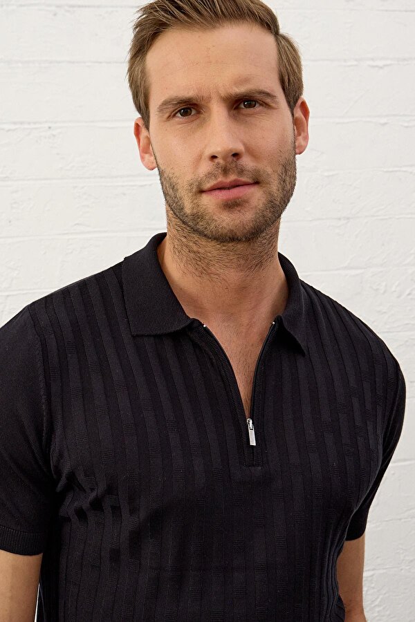 Danger Erkek Fermuarlı Slim-Fit Polo Yaka İnce Triko T-shirt Koyu Lacivert