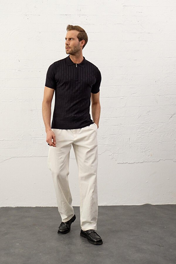 Danger Erkek Fermuarlı Slim-Fit Polo Yaka İnce Triko T-shirt Koyu Lacivert