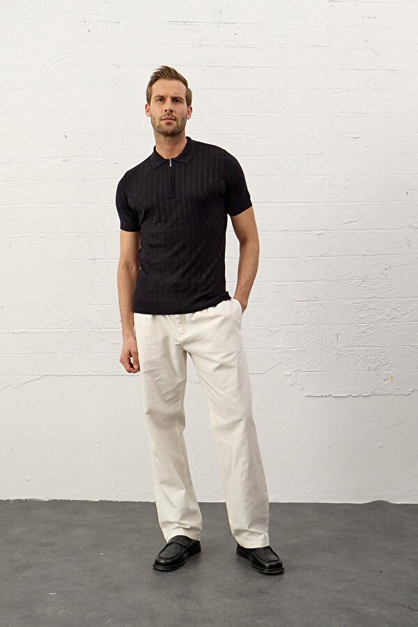 Danger Erkek Fermuarlı Slim-Fit Polo Yaka İnce Triko T-shirt Koyu Lacivert