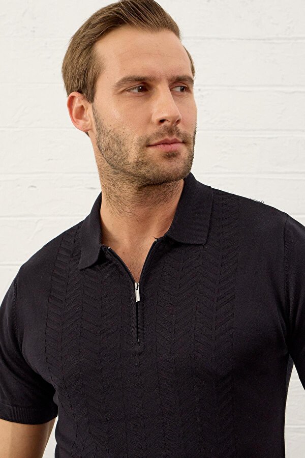 Danger Erkek Slim-Fit Polo Yaka Yazlık Triko T-shirt Koyu Lacivert