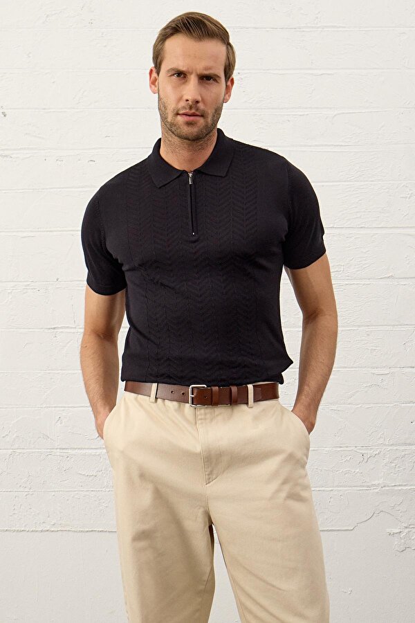 Danger Erkek Slim-Fit Polo Yaka Yazlık Triko T-shirt Koyu Lacivert