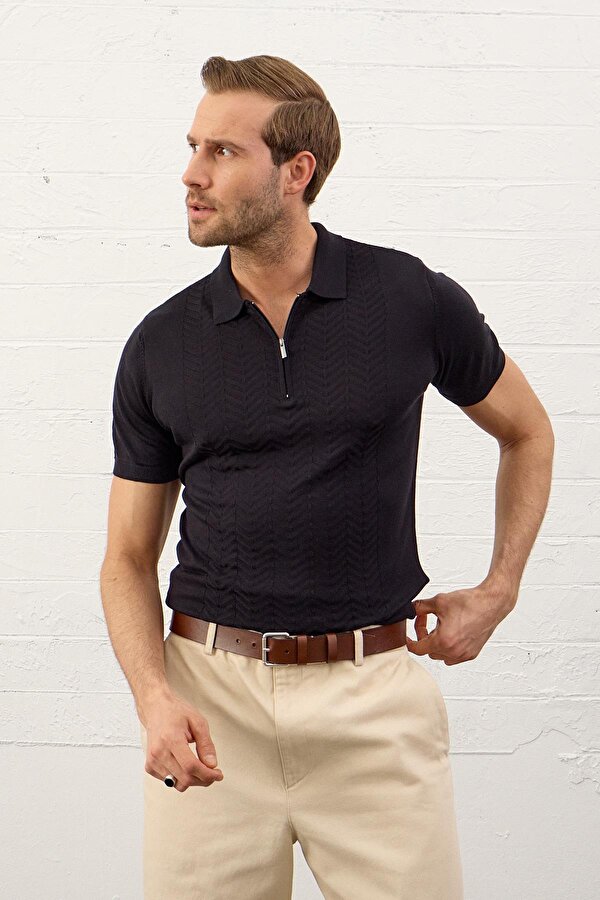 Danger Erkek Slim-Fit Polo Yaka Yazlık Triko T-shirt Koyu Lacivert