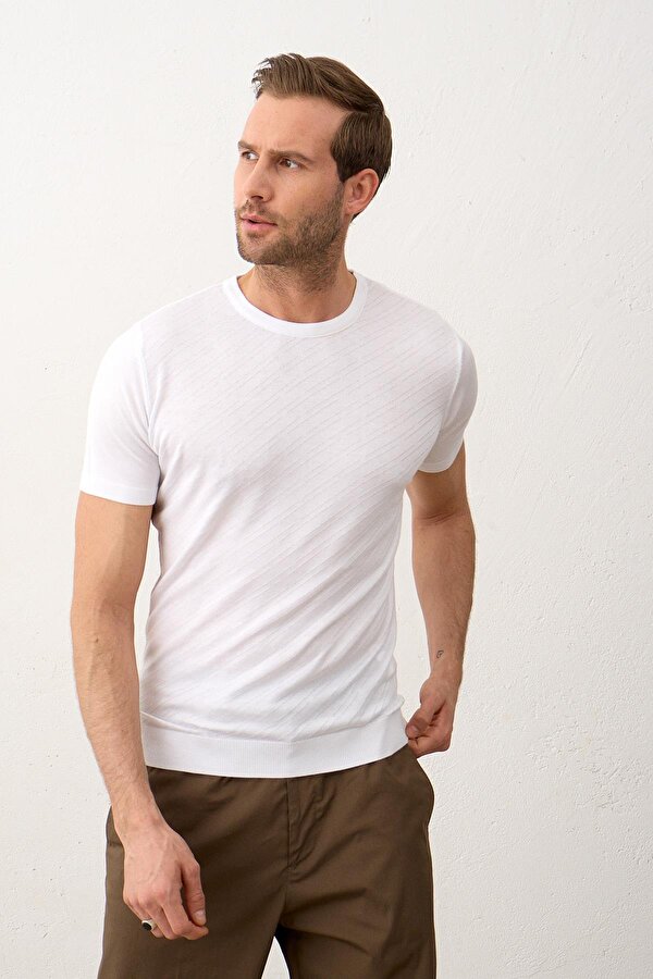 Danger Erkek Çizgili Bisiklet Yaka Slim-Fit İnce Triko Tişört Beyaz