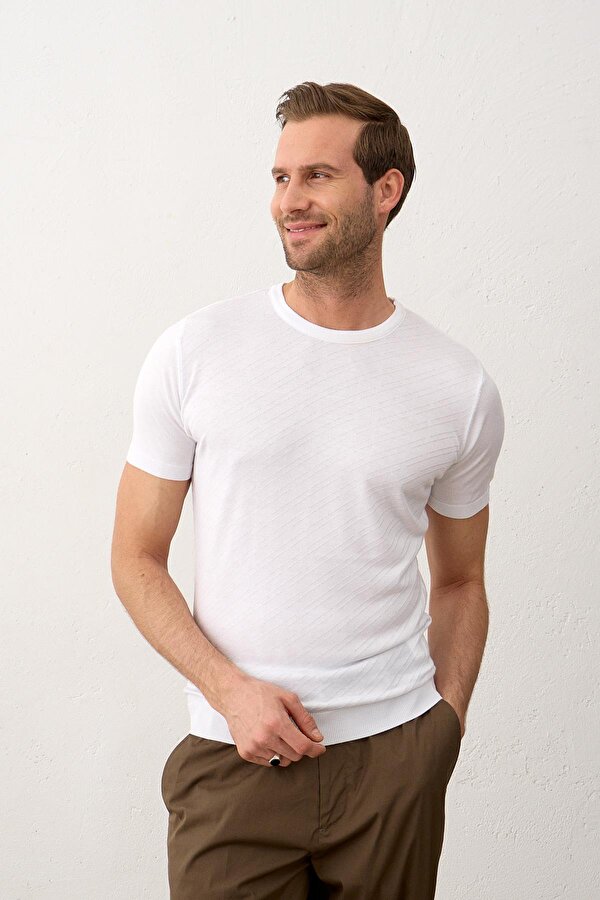 Danger Erkek Çizgili Bisiklet Yaka Slim-Fit İnce Triko Tişört Beyaz