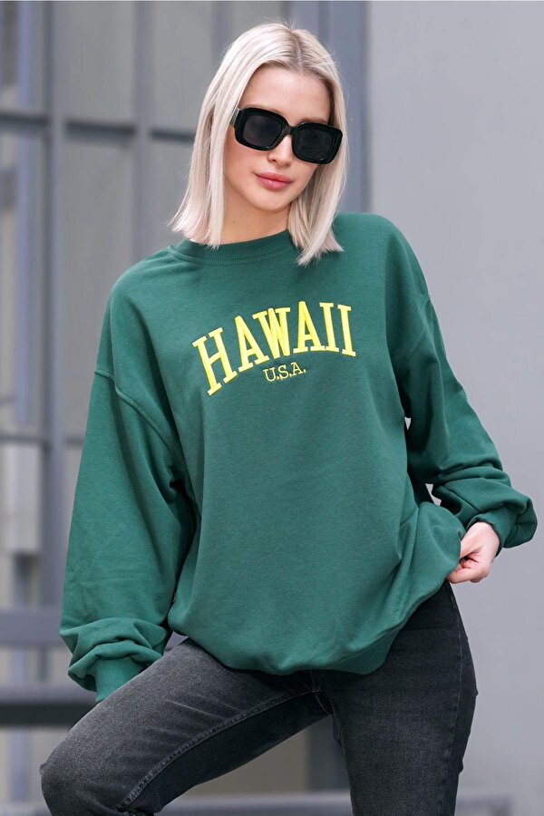 Madmext Yeşil Bisiklet Yaka Baskılı Sweatshirt MG1922