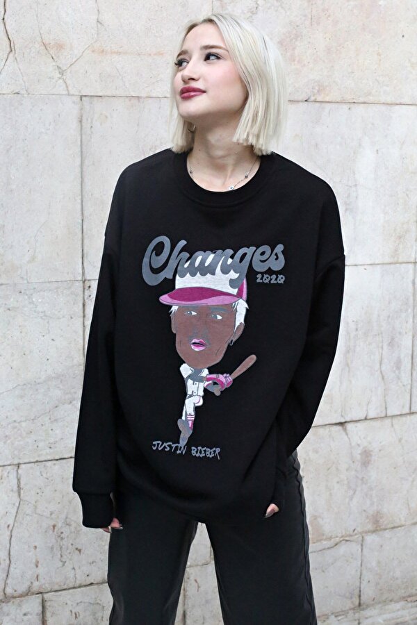 Madmext Siyah Baskılı Oversize Sweatshirt MG1578