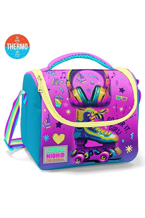 Kids Pembe Turkuaz Kulaklık Paten Desenli Thermo Beslenme Çantası 11754