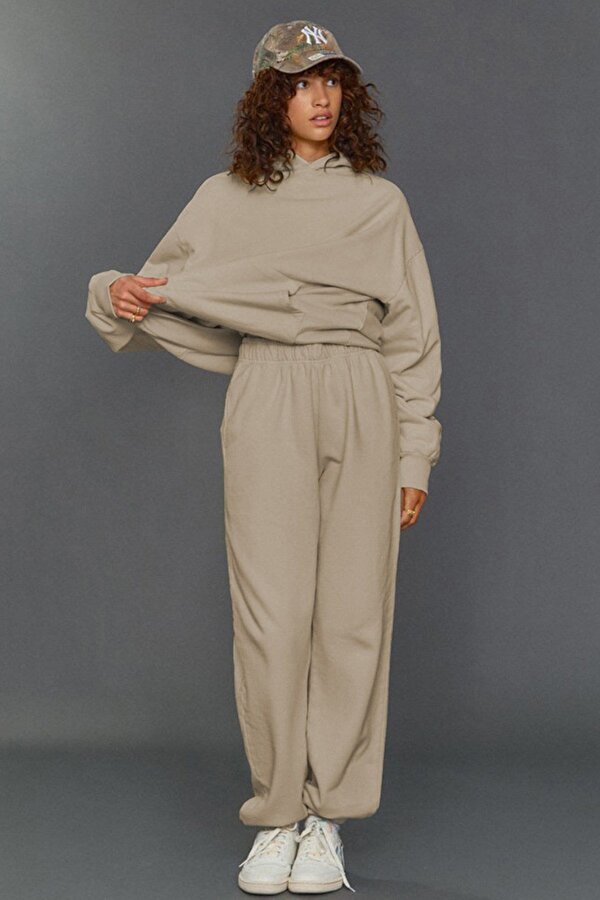 Madmext Mad Girls Bej Kapüşonlu Kadın Eşofman Takımı MG1225