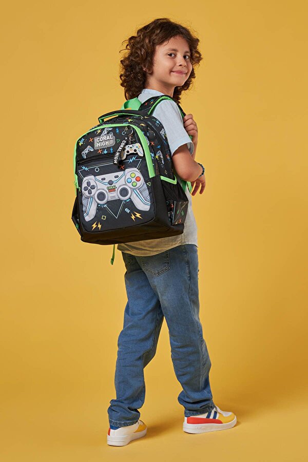 Coral High Kids Siyah Fosforlu Yeşil Gamer Desenli Üç Bölmeli Okul Sırt Çantası 23654