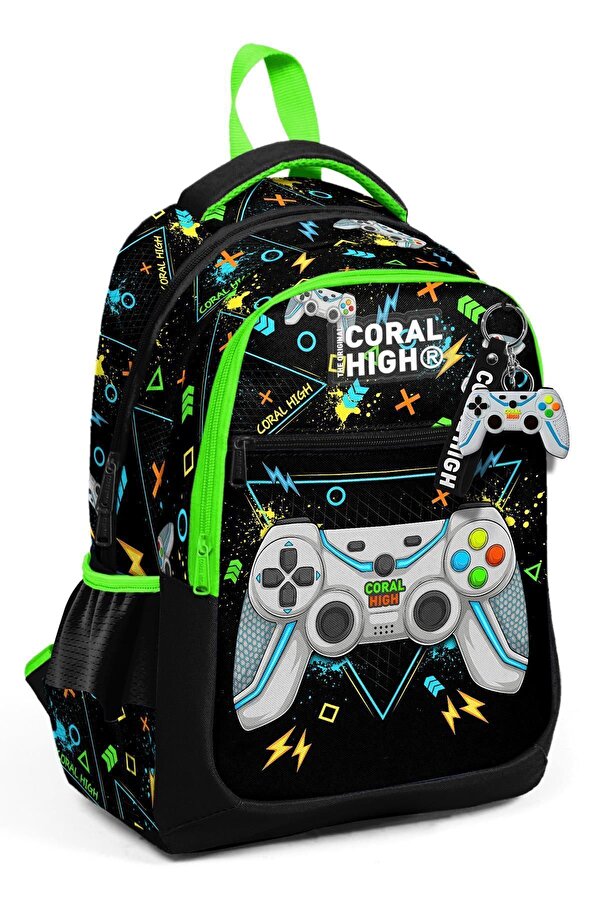 Coral High Kids Siyah Fosforlu Yeşil Gamer Desenli Üç Bölmeli Okul Sırt Çantası 23654