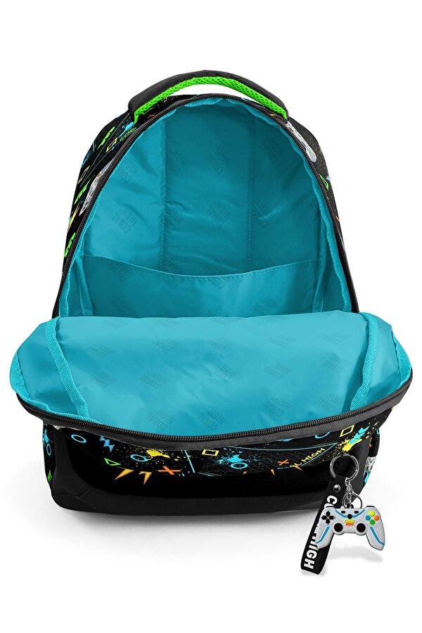 Coral High Kids Siyah Fosforlu Yeşil Gamer Desenli Üç Bölmeli Okul Sırt Çantası 23654