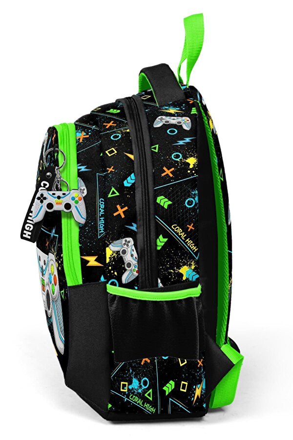 Coral High Kids Siyah Fosforlu Yeşil Gamer Desenli Üç Bölmeli Okul Sırt Çantası 23654