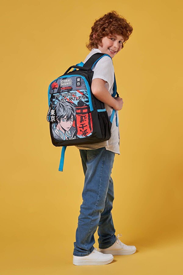 Coral High Kids Siyah Mavi Anime Desenli Üç Bölmeli Okul Sırt Çantası 23666