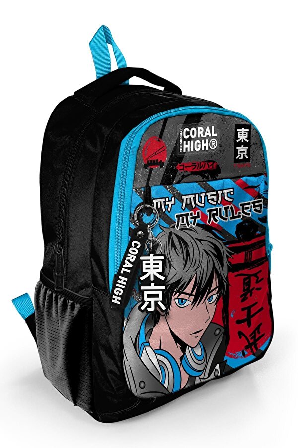 Coral High Kids Siyah Mavi Anime Desenli Üç Bölmeli Okul Sırt Çantası 23666