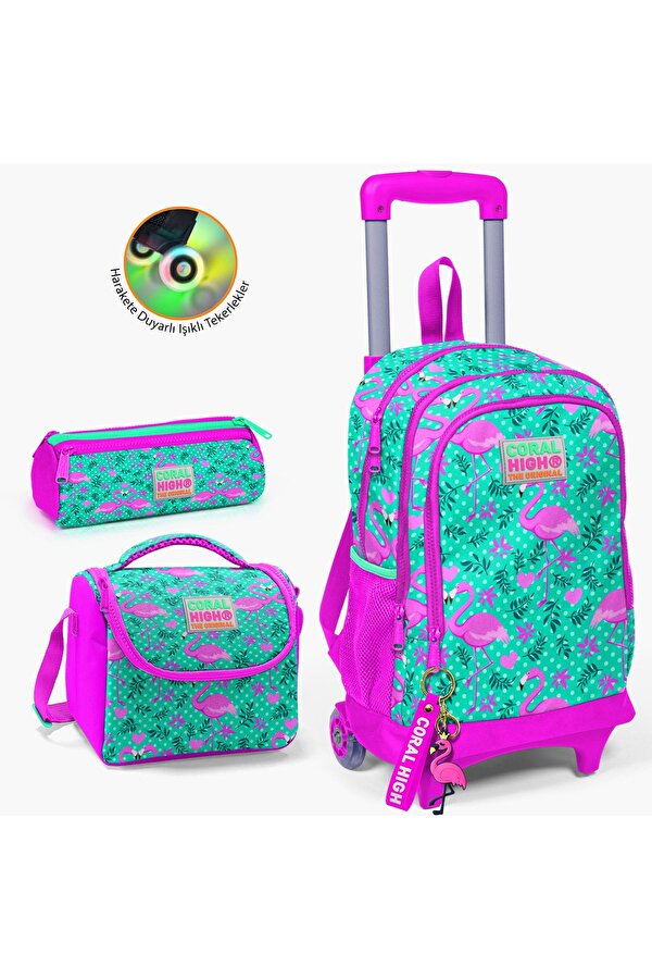 Kids Su Yeşili Pembe Flamingo Desenli Çekçekli 3’lü Okul Çanta Seti SET0123912