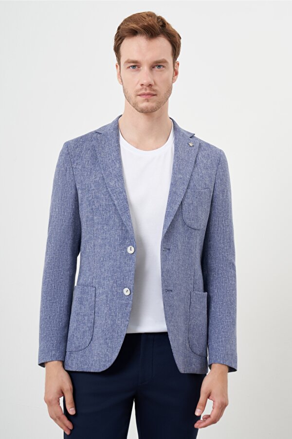 Morven Erkek İndigo Dokuma Slim Fit Torba Cep Mono Yaka Spor Ceket