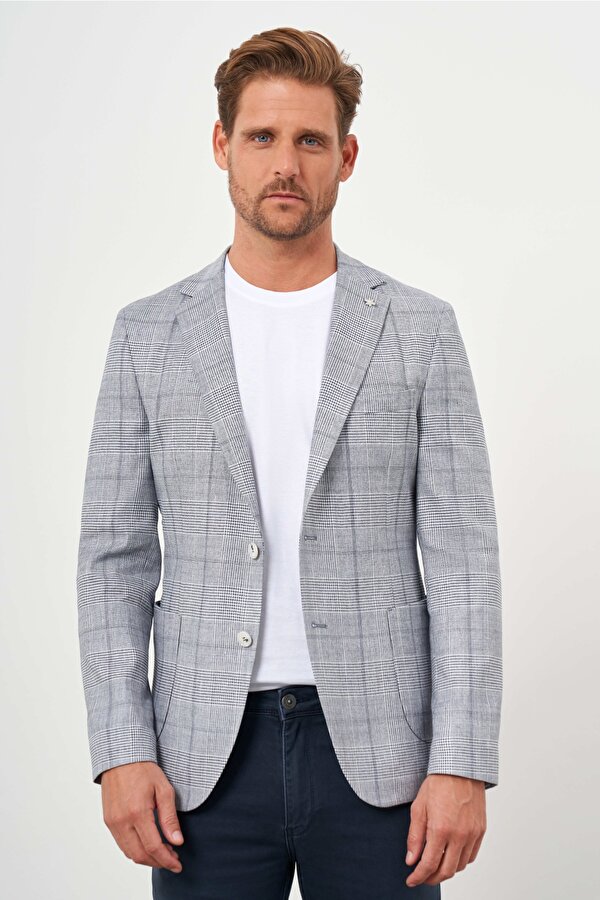 Morven Erkek Lacivert Dokuma Slim Fit Torba Cep Mono Yaka Spor Ceket