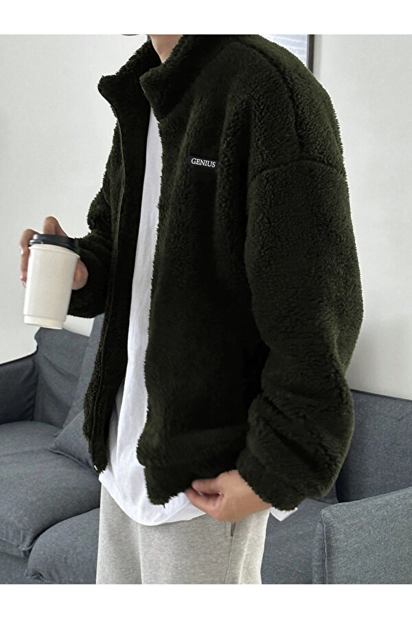 GENIUS STORE Oversize Tam Fermuarl Kuzu Sweatshirt ci Polarl Sherpa Kuma Sweatshirt Giyim