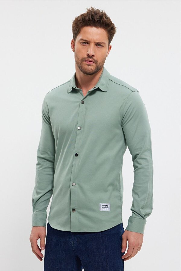 Deep Sea DeepSEA Erkek Yeşil Slim Fit Likralı Uzun Kollu Çıt çıtlı Düz Gömlek 2403013