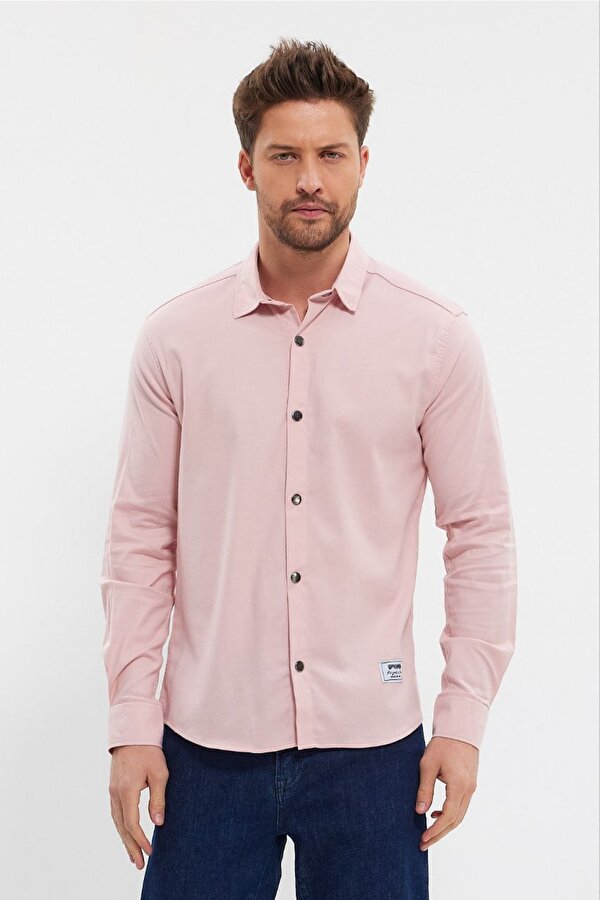 Deep Sea DeepSEA Erkek Pembe Slim Fit Likralı Uzun Kollu Çıt çıtlı Düz Gömlek 2403013