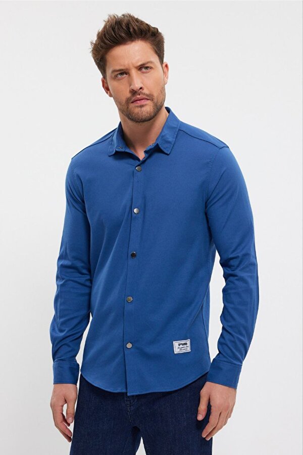 Deep Sea DeepSEA Erkek Lacivert Slim Fit Likralı Uzun Kollu Çıt çıtlı Düz Gömlek 2403013