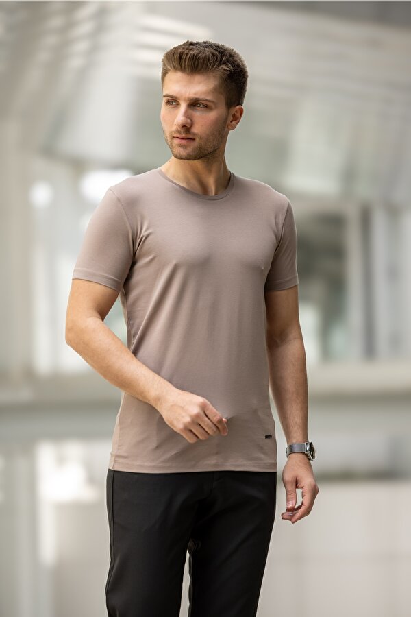 DECAS GASOLİNE Slim Fit Bisiklet Yaka Pamuklu Tişört - Bej