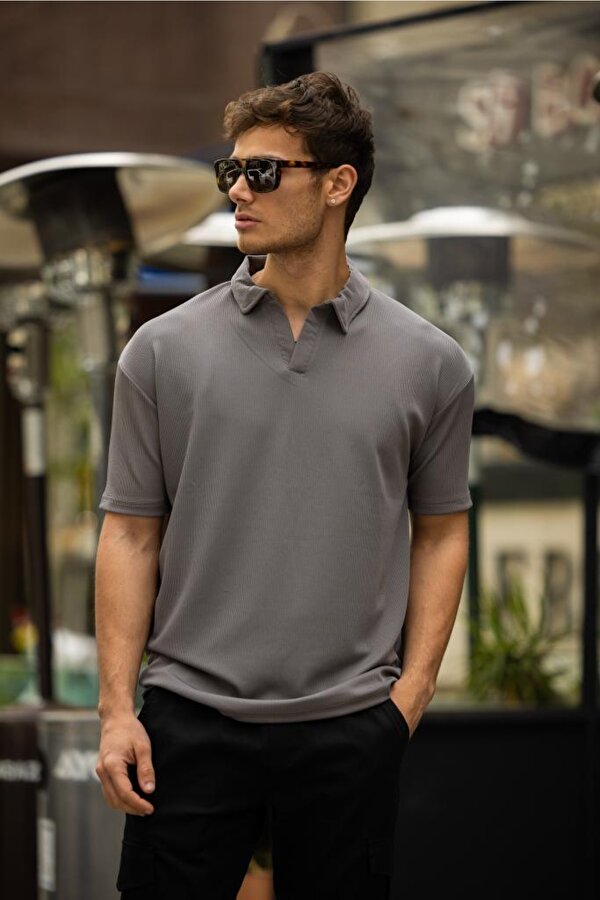 DECAS GLASSES V Yaka Oversize Fitilli T-Shirt - Gri