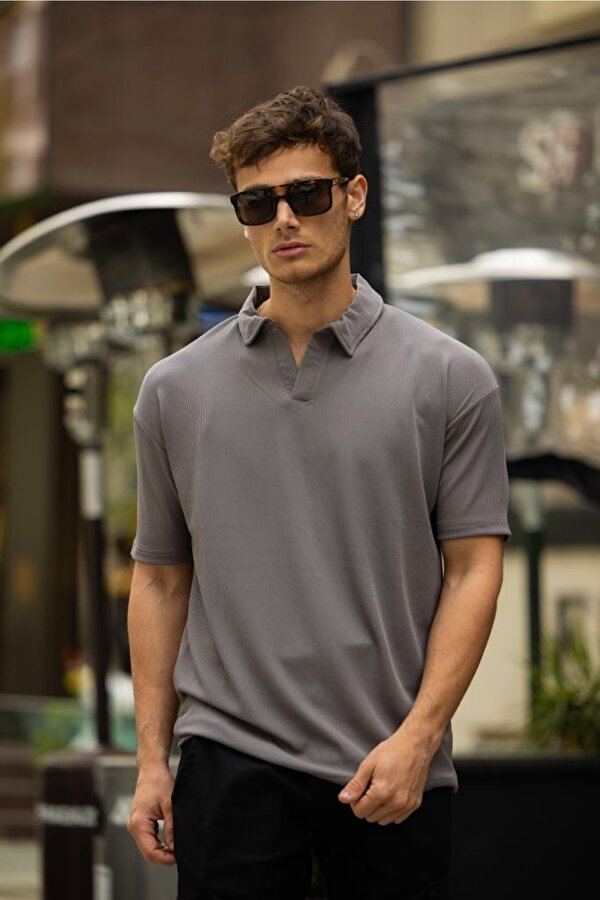 DECAS GLASSES V Yaka Oversize Fitilli T-Shirt - Gri