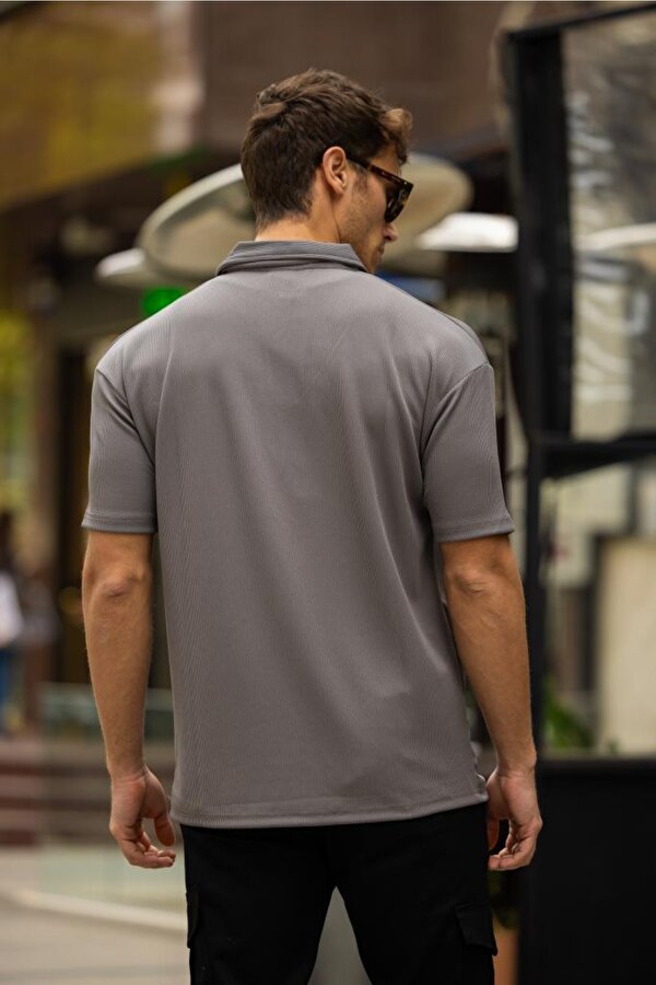 DECAS GLASSES V Yaka Oversize Fitilli T-Shirt - Gri