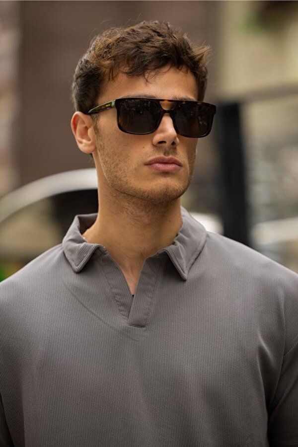 DECAS GLASSES V Yaka Oversize Fitilli T-Shirt - Gri