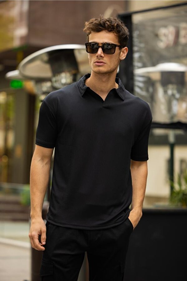 DECAS GLASSES V Yaka Oversize Fitilli T-Shirt - Siyah