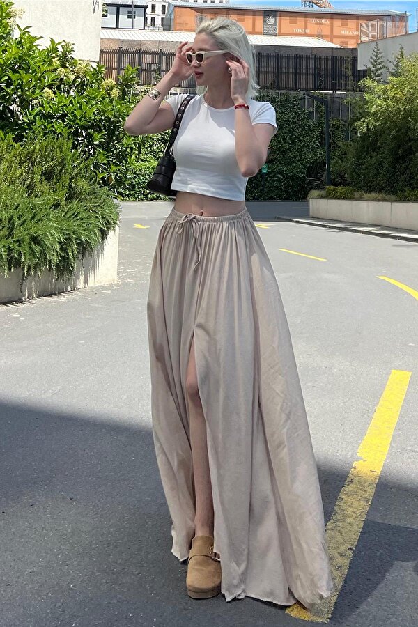 Madmext Bej Beli Lastikli Yırtmaçlı Uzun Kadın Etek MG2062