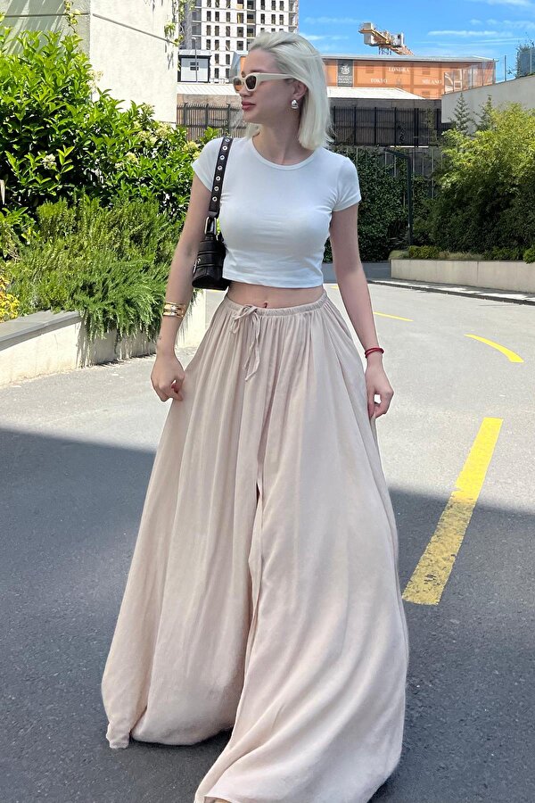 Madmext Bej Beli Lastikli Yırtmaçlı Uzun Kadın Etek MG2062