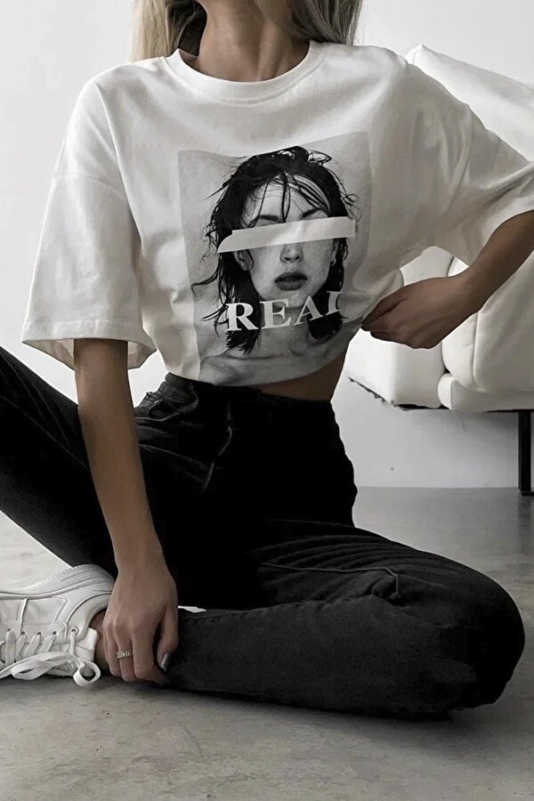 Madmext Ekru Oversize Baskılı Kadın Tişört MG1764