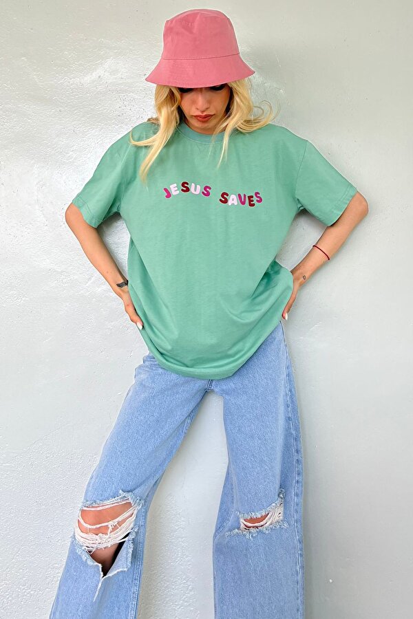 Madmext Mint Yeşili  Baskılı Oversize Tişört MG1517