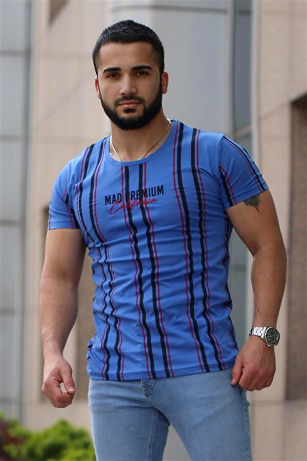 Madmext Baskılı Çizgi Detaylı Saks Tişört Mad4048